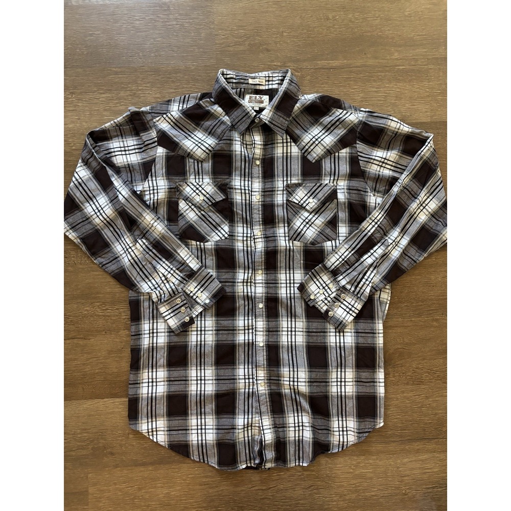 Ely Cattleman Shirt‎ Mens XLT Plaid Pearl Snap Western Cowboy Brown Tall Man